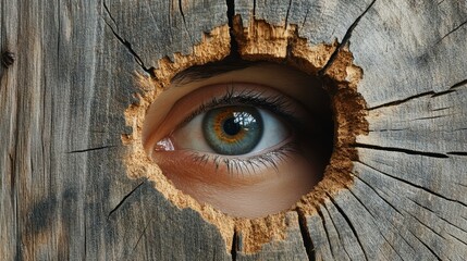 Glimpse of Curiosity - Eye Peeking Through Wooden Hole Revealing Hidden Perspectives in Concept of Discovery and Insight