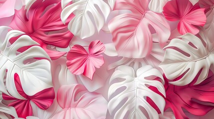 A vibrant arrangement of pink and white tropical leaves creating a decorative pattern.