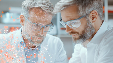 Innovative scientists analyzing data with digital graphics in laboratory setting, showcasing collaboration and advanced technology