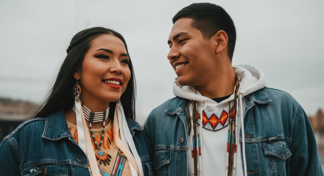 Young indigenous couple in traditional jewelry and denim embracing culture