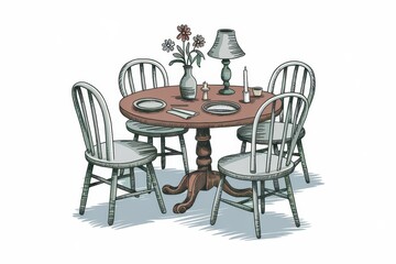A Wooden Table Set with Four Chairs and Flowers