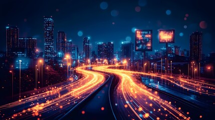 Obraz premium A city street with a bright orange glow from the street lights