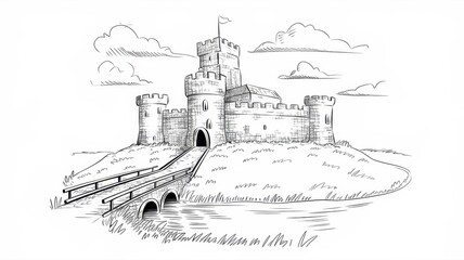Fototapeta premium Majestic Castle Sketch on Hilltop with Bridge