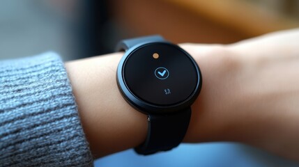 Sleek fitness tracker on a wrist, displaying a checkmark; signifying achievement and health goals.