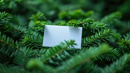 A blank card nestled among green pine branches, suggesting a seasonal or festive theme.