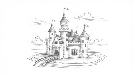 Majestic Castle Sketch With Bridge And Flags