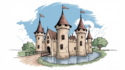 Obraz premium Majestic Medieval Castle by the Water with Drawbridge