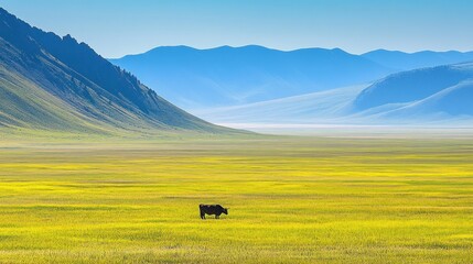 Obraz premium A serene landscape with a single cow grazing in a vibrant yellow field against distant mountains.