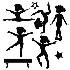 Cute little girl gymnast silhouette vector cartoon illustration