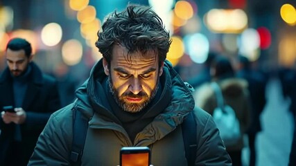 Man using smartphone in busy urban street at night surrounded by others on devices
