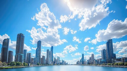 Naklejka premium A panoramic skyline with glassy skyscrapers and a wide waterfront under a bright blue sky. Fluffy clouds scatter across the horizon, and the sun casts a soft glow on the city's buildings .