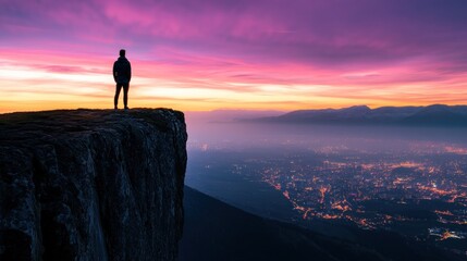 Obraz premium Person stands on cliff, city lights, sunset sky.