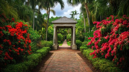 Obraz premium Lush tropical garden path with arch and bougainvillea.