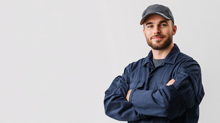 portrait of a confident mechanic wearing a blue work uniform and a gray cap against a white background