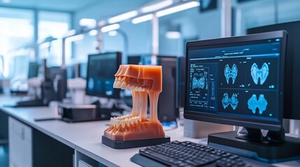 A dental lab featuring a 3D jaw model and a computer displaying X-rays.