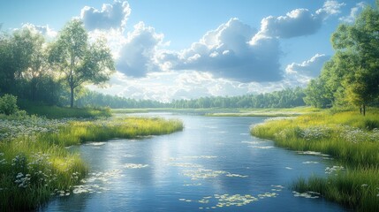 Obraz premium Serene river flows through lush green landscape.
