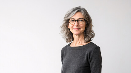 smiling woman with grey hair wearing glasses and a gray sweater against a white background