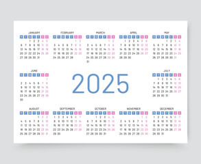 2025 calendar. Yearly calender organizer. Grid template with 12 months. Calendar layout in horizontal color design in English. Week starts Monday. Desk, pocket or wall organizer. Vector illustration