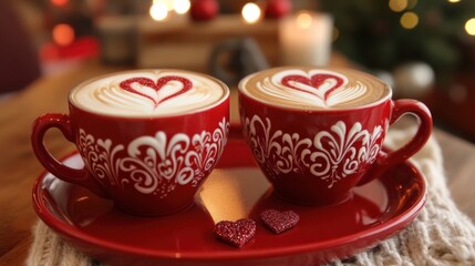 Fototapeta premium two red coffee cups with hearts on them