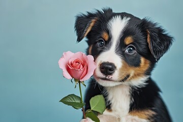 Fototapeta premium a puppy holds a pink rose, on a color plan. background with copy space. strong happy emotions. high detail. unusual colored lighting. 