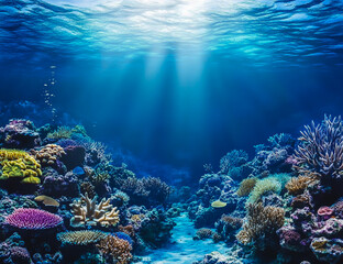 Naklejka premium A vibrant deep sea scene featuring colorful coral reefs, diverse marine life and the breathtaking beauty of the underwater world.