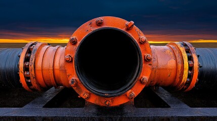 Pipeline at Sunset: A close-up view of an industrial pipeline, with the focus on a large orange pipe, with a dramatic sunset background. The photo is taken from a low angle.