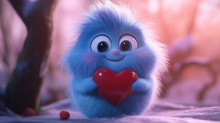 Fototapeta premium a furry blue monster holding a red heart
