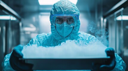 A man in a blue suit holding a tray of ice