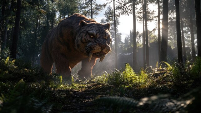Saber-toothed tiger walks in forest.