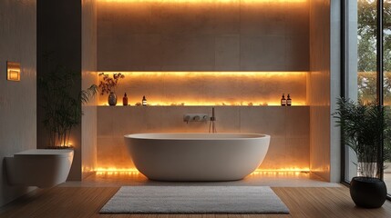 Modern bathroom, warm lighting, freestanding tub, plants.