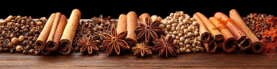 Fototapeta premium Spices and herbs displayed on wooden surface, showcasing vibrant colors and textures