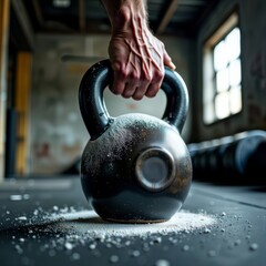 Fototapeta premium Kettlebell grip close-up. A hand gripping a kettlebell covered in chalk, set in a gritty gym environment with scattered chalk dust on the floor.