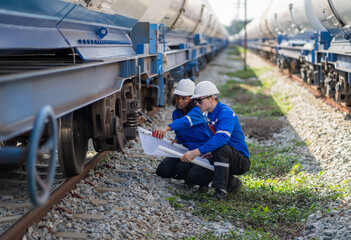 Fototapeta premium Male Engineer railway under checking construction process oil cargo train and checking railway work on railroad station.