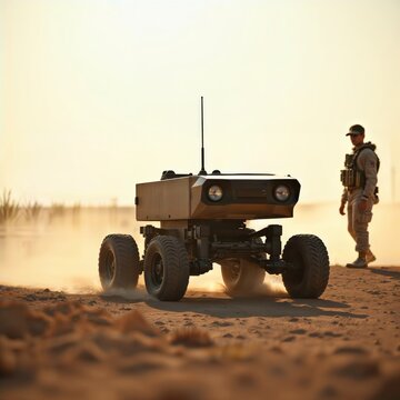 Military UGV Desert Testing. Autonomous four-wheeled unmanned ground vehicle navigating sandy terrain during field evaluation with military personnel at sunset in arid environment.