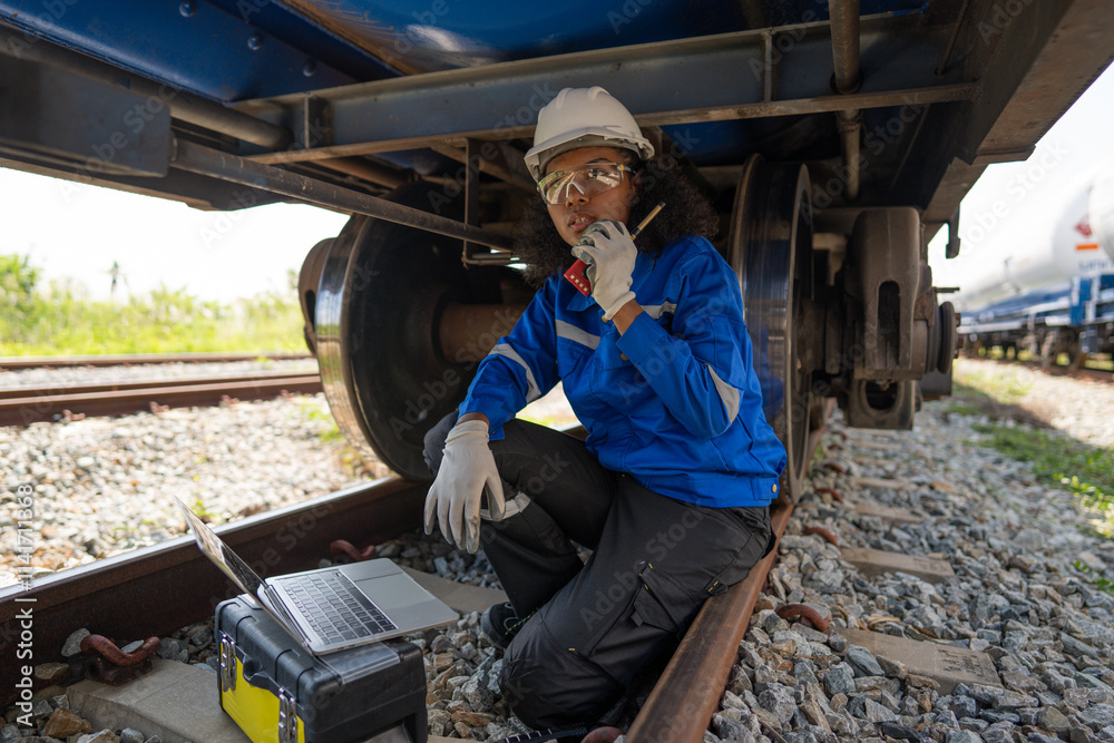 Poster male engineer railway under checking construction process oil cargo train and checking railway work 