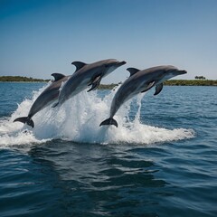 Dolphins jumping out of the water.