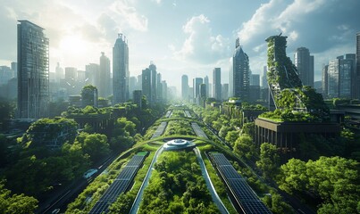 A futuristic cityscape with greenery, solar panels, and sustainable architecture.