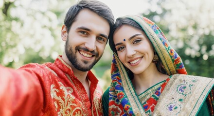Intercultural couple celebrating together in traditional indian attire