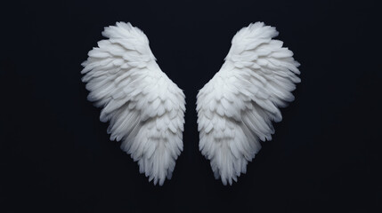 Naklejka premium Ethereal angel wings with intricate feather details against dark background, creating sense of serenity and wonder. Perfect for themes of spirituality and beauty