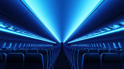 Fototapeta premium Futuristic airplane cabin with blue ambient lighting and empty seats
