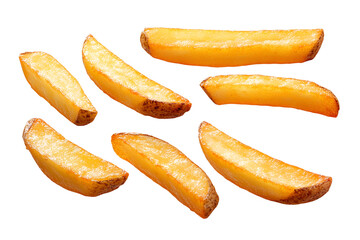 Crispy french fries in mid air isolated on transparent background