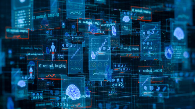 Futuristic fictional interface for ai driven healthcare, remote patient monitoring, online medical consultation and diagnosis, artificial intelligence medical imaging (3d render)