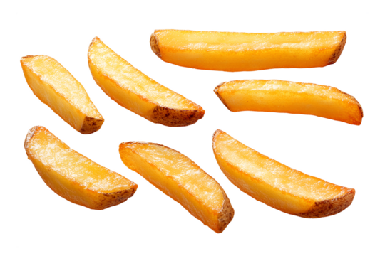 Crispy french fries in mid air isolated on transparent background