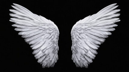 Fototapeta premium Ethereal white angel wings with intricate feather details against black background, creating mystical and serene atmosphere