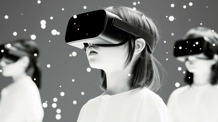 Children exploring virtual reality with headsets in monochrome