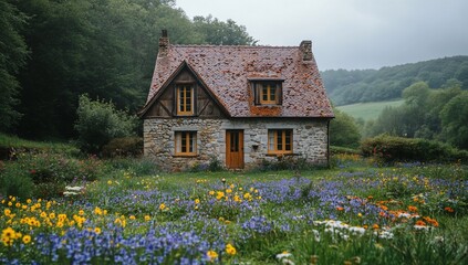 Stone cottage nestled in a vibrant flower garden, surrounded by lush green hills.