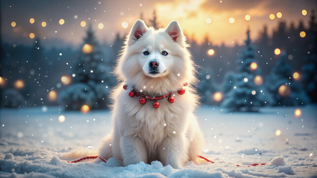 White fluffy dog sitting in snow with Christmas decorations