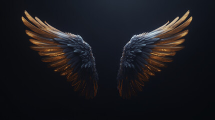 Majestic wings with glowing tips, beautifully detailed and ethereal, create stunning visual effect against dark background. Perfect for fantasy and artistic themes