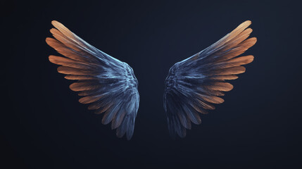 Fototapeta premium Glowing transparent wings with gradient of orange and blue hues, floating gracefully against dark background, evoke sense of wonder and ethereal beauty
