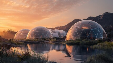 Sunset view of geodesic domes reflecting in calm water, nestled in a desert landscape.